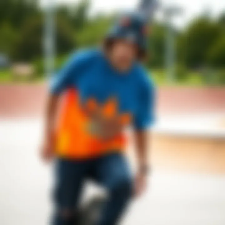 Skateboarder wearing blue and orange graphic tee at a skate park