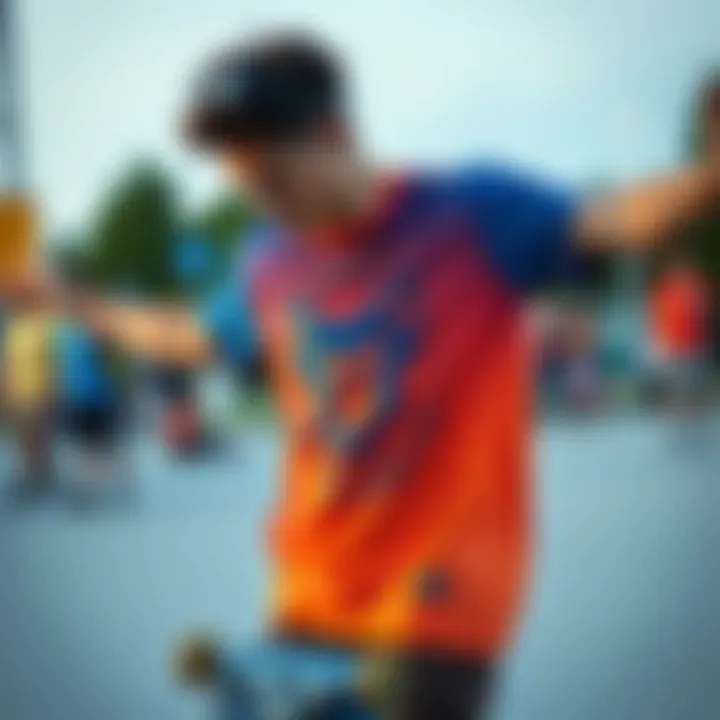 Vibrant blue and orange graphic tee showcased on skateboard