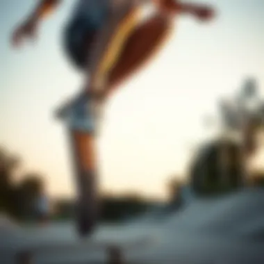 Skateboarder performing tricks in camo shorts