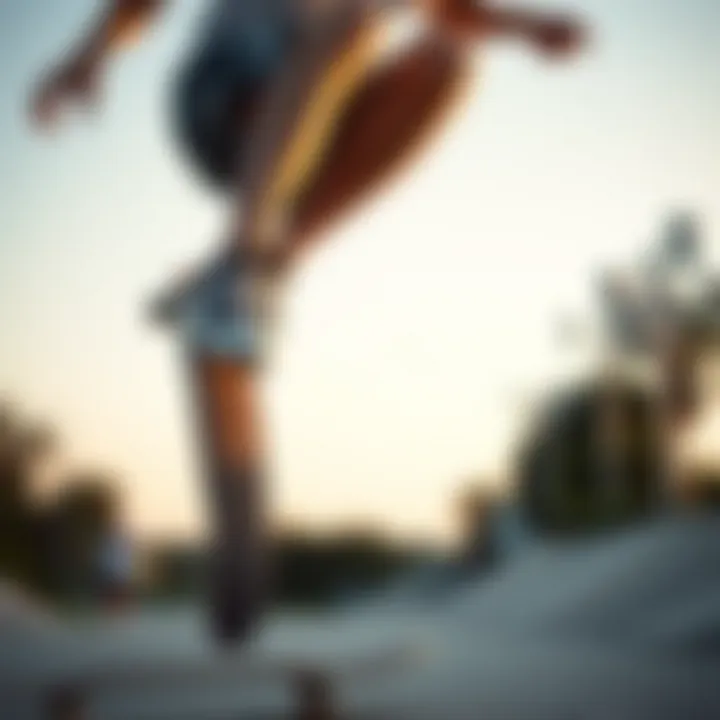 Skateboarder performing tricks in camo shorts