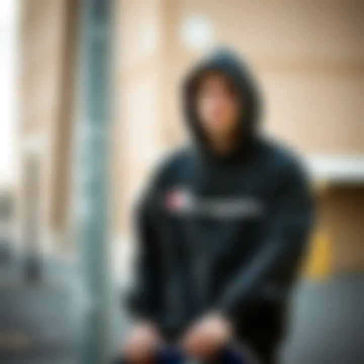 Champion Reverse Stitch Hoodie in Urban Skate Culture A skateboarder wearing the Champion Reverse Stitch Hoodie in an urban setting