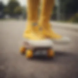 Vibrant yellow Converse sneakers against a skateboard background