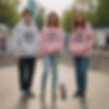 Group of friends in cute hoodies at a skate park