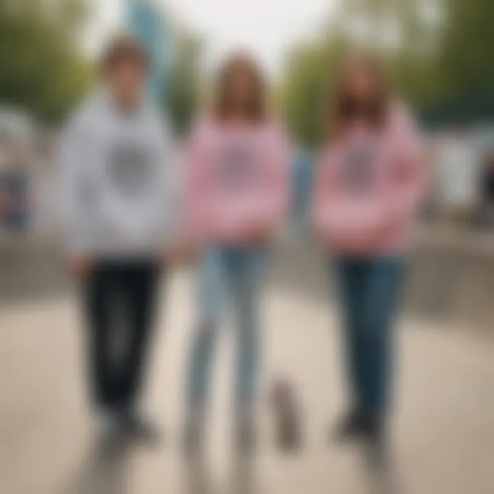 Group of friends in cute hoodies at a skate park