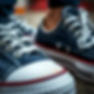 Close-up of denim chucks highlighting design details and stitching