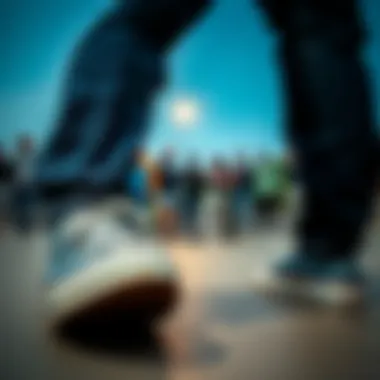Group of skateboard enthusiasts wearing denim chucks in a skate park