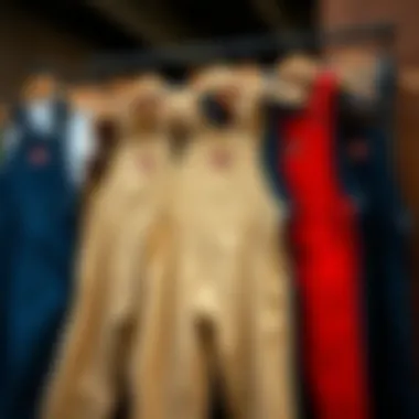 A collection of different styles and colors of Dickies Overalls displayed together