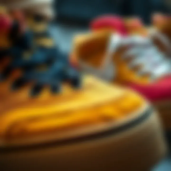 A close-up of skate shoes with unique textures and materials