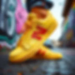 A vibrant pair of yellow skate shoes on a graffiti-covered street