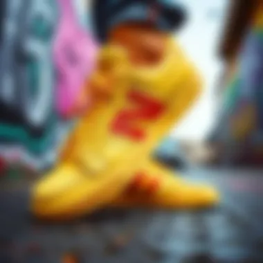 A vibrant pair of yellow skate shoes on a graffiti-covered street