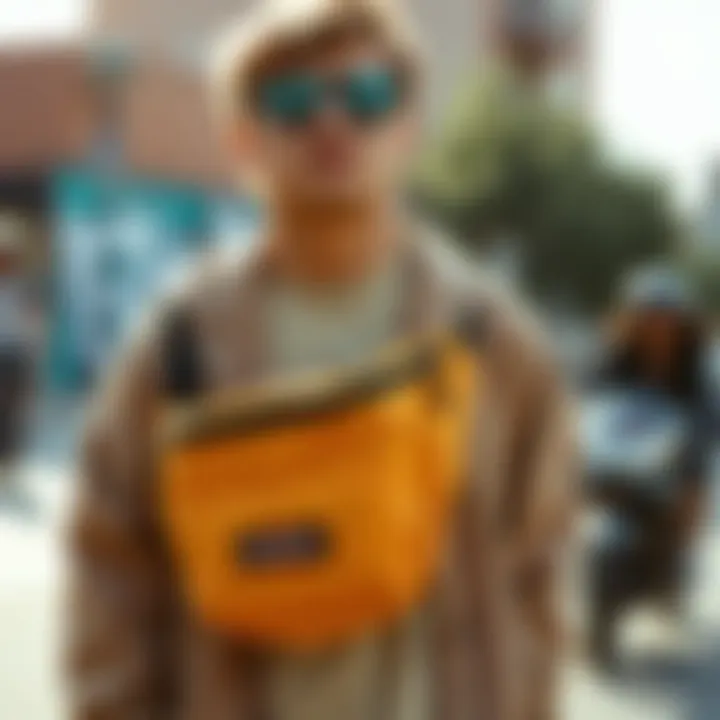 A stylish individual wearing an Eastpak fanny pack in a street setting