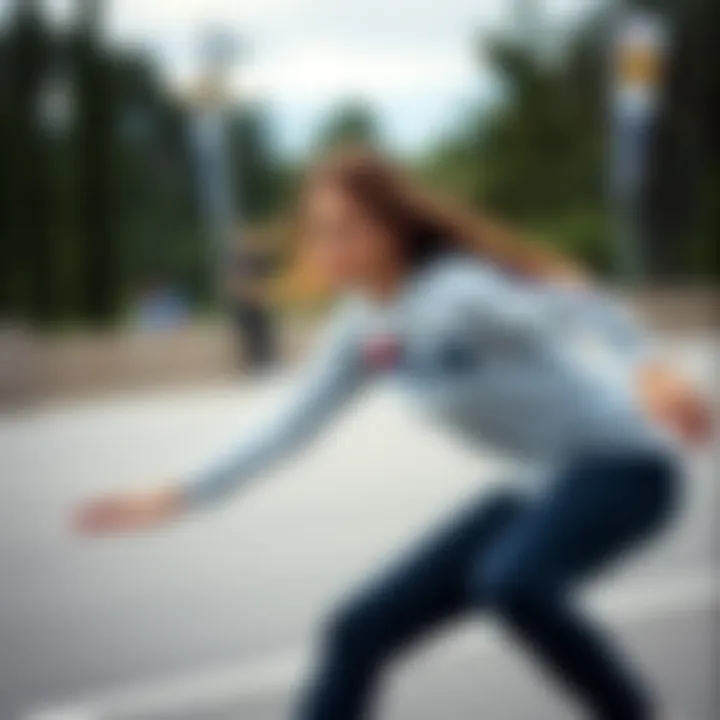 Empowerment Through Apparel: Confidence in Motion Female skateboarder confidently riding with Fila long sleeve shirt