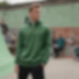 Stylish green quarter zip pullover showcased in an urban skate park setting