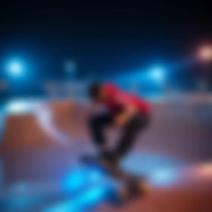 Elevated Performance: Tricks Under Controlled Light Skateboarder performing tricks in a skate park, benefiting from reduced blue light exposure