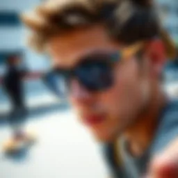 Skateboarder wearing grey glasses, showcasing contrast in outdoor settings