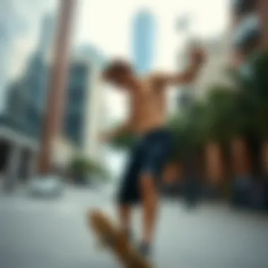 Urban Style: Skateboarder in Hybrid Shorts Skateboarder wearing hybrid shorts in an urban environment