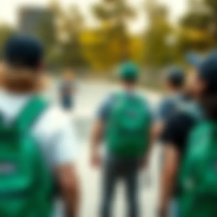 Group of friends with Jansport green backpacks enjoying a skate park.