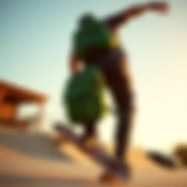 Skateboarder using a Jansport green backpack while performing tricks.