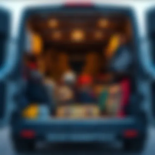 A large van filled with skateboarding gear and backpacks.