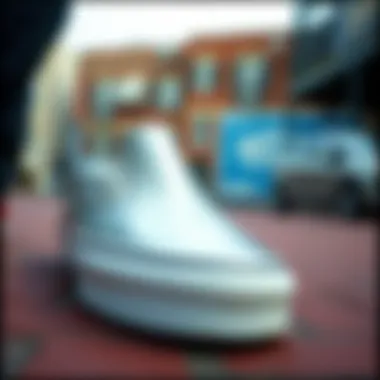 A stylish urban setting featuring metallic Vans slip-ons in action