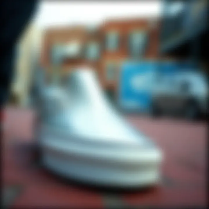 A stylish urban setting featuring metallic Vans slip-ons in action