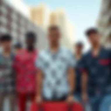 Collective Expression in Novelty Shirts A group of skaters displaying various styles of novelty button-down shirts in an urban setting