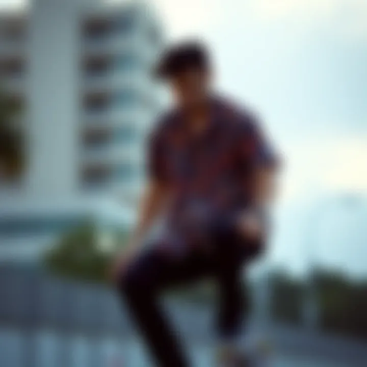 Skateboarder in Action with Novelty Shirt A skateboarder wearing a stylish novelty button-down shirt while performing tricks