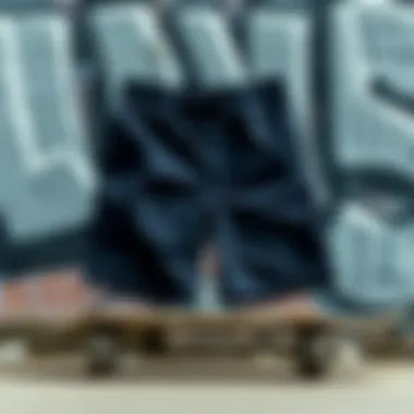 Stylish 4 inch board shorts displayed on a skateboard against a graffiti backdrop