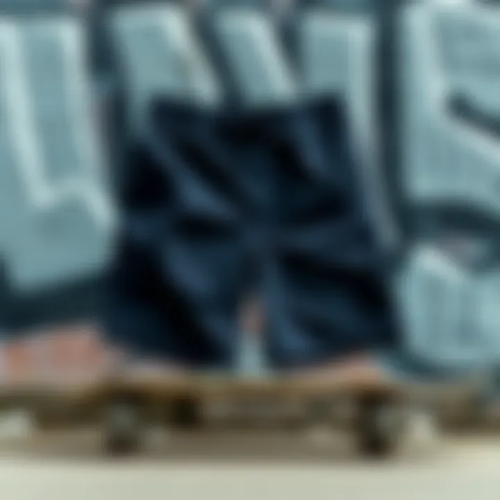 Stylish 4 inch board shorts displayed on a skateboard against a graffiti backdrop