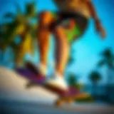 Skateboarder showcasing vibrant 4 inch board shorts while performing a trick