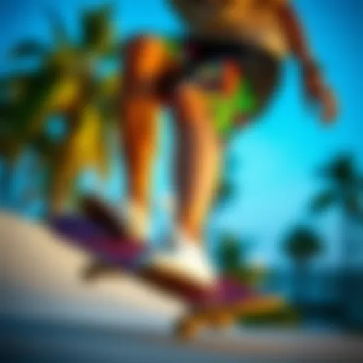 Skateboarder showcasing vibrant 4 inch board shorts while performing a trick