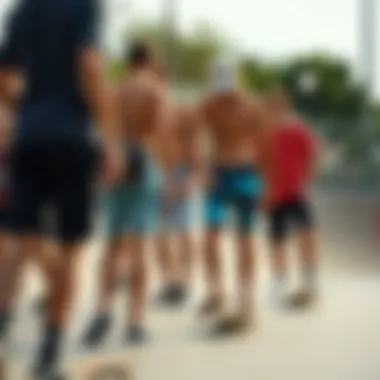 A group of skaters wearing 4 inch board shorts at a skate park