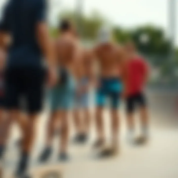 A group of skaters wearing 4 inch board shorts at a skate park
