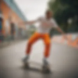 Dynamic pose showcasing Orange Nike Pants in a skate park