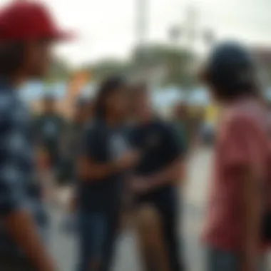 A group of enthusiasts sharing tips at a skateboarding event