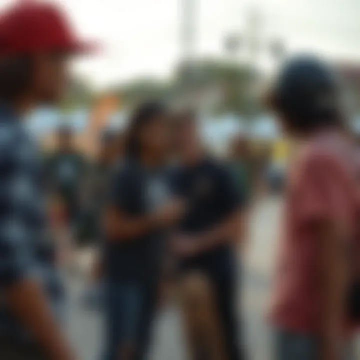 A group of enthusiasts sharing tips at a skateboarding event