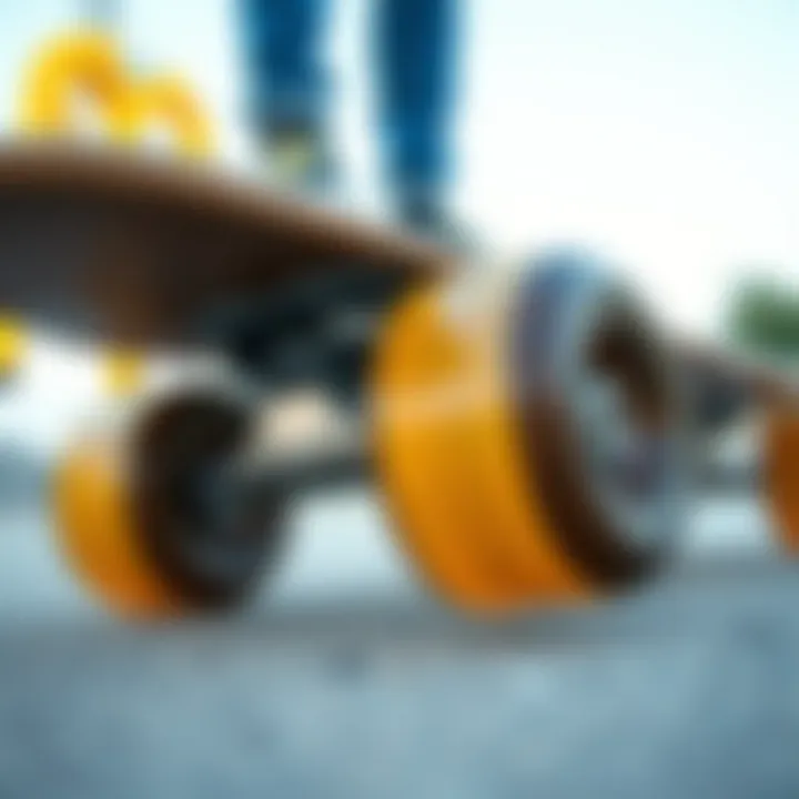 Close-up of a penny board's unique design and wheels