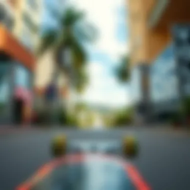 A scenic urban landscape viewed from a cruising perspective