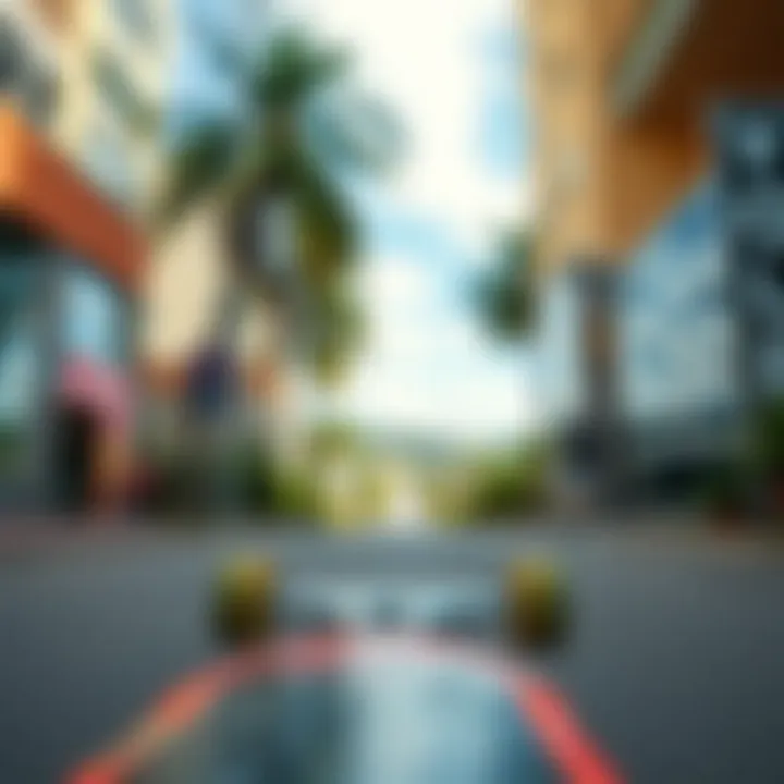 A scenic urban landscape viewed from a cruising perspective