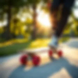 A vibrant penny board gliding through a sunlit park