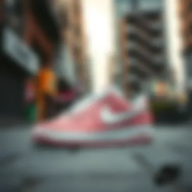 Fashionable display of pink and white Nike shoes on urban backdrop