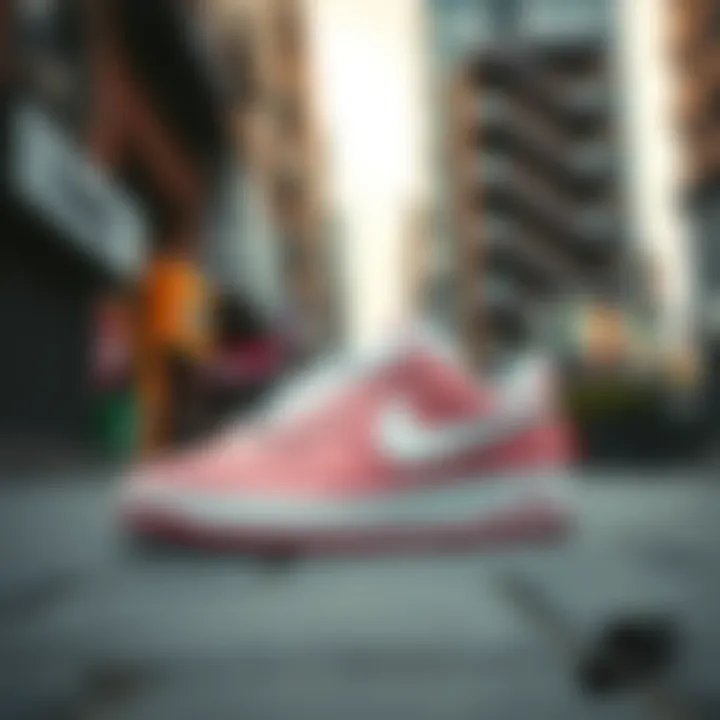 Fashionable display of pink and white Nike shoes on urban backdrop