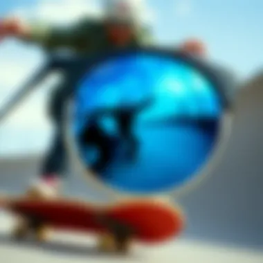 Reflective Lenses in Action Close-up of blue lenses reflecting a skateboarder in action