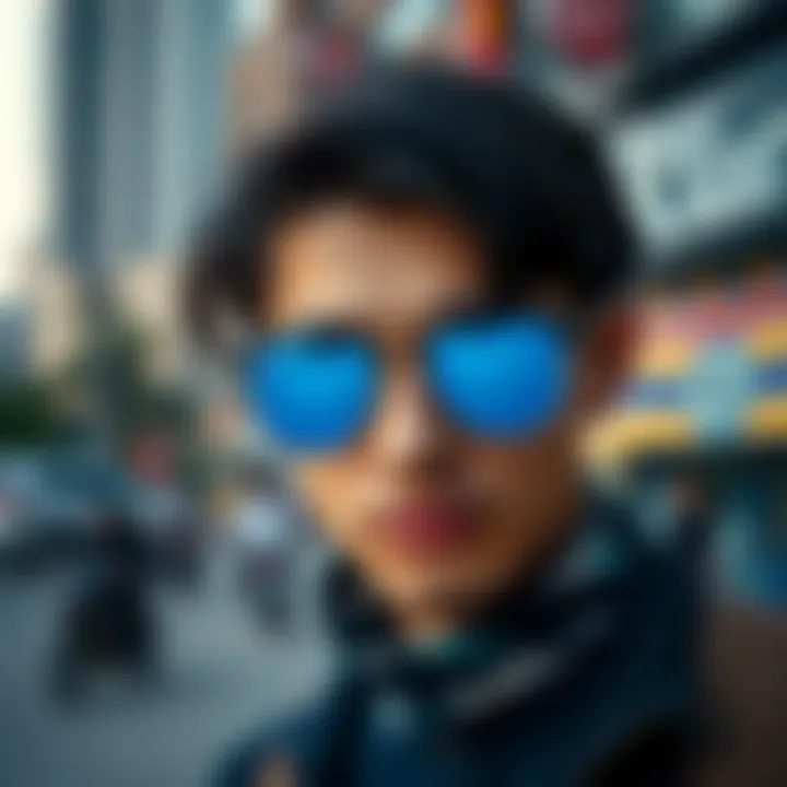 Ray-Bans in Urban Style Stylish Ray-Ban sunglasses with blue lenses against a vibrant urban backdrop