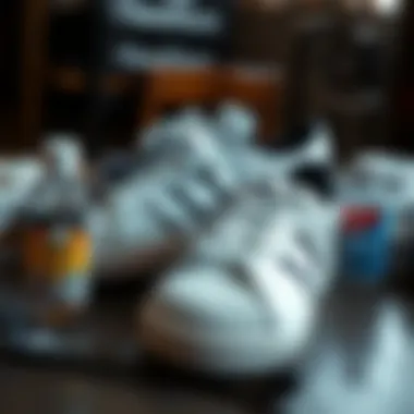 Well-maintained Adidas shoes alongside cleaning supplies