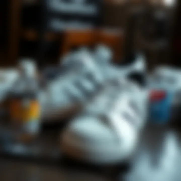 Well-maintained Adidas shoes alongside cleaning supplies