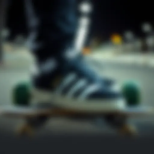 Classic Adidas black and white shoes on a skateboard