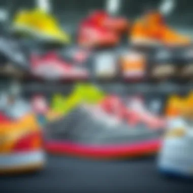 A stylish display of various skate golf shoes in vibrant colors and patterns