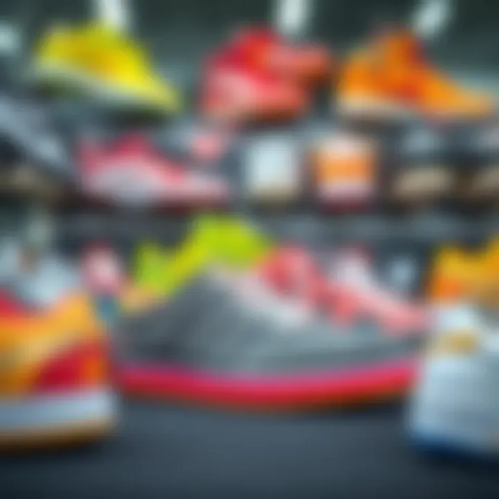 A stylish display of various skate golf shoes in vibrant colors and patterns