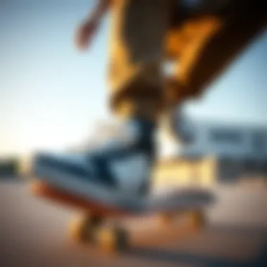 Close-up of a skateboarder performing tricks while wearing trendy skate shoes
